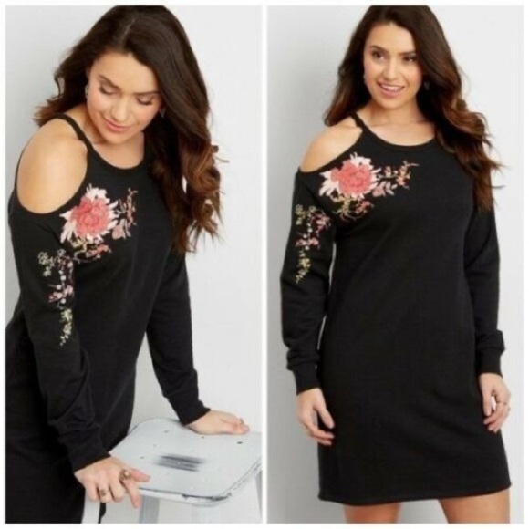 Maurices Womn Plus 0X Black Floral Embroidered One Shoulder Sweatshirt Dress Nwt - Picture 1 of 9
